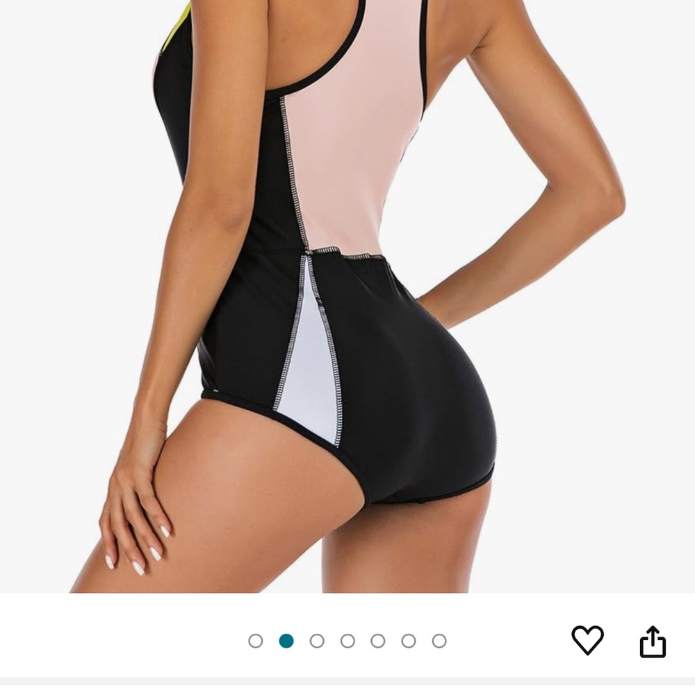 rash guard style one piece swimsuit half zipper closure color block - Picture 3 of 9